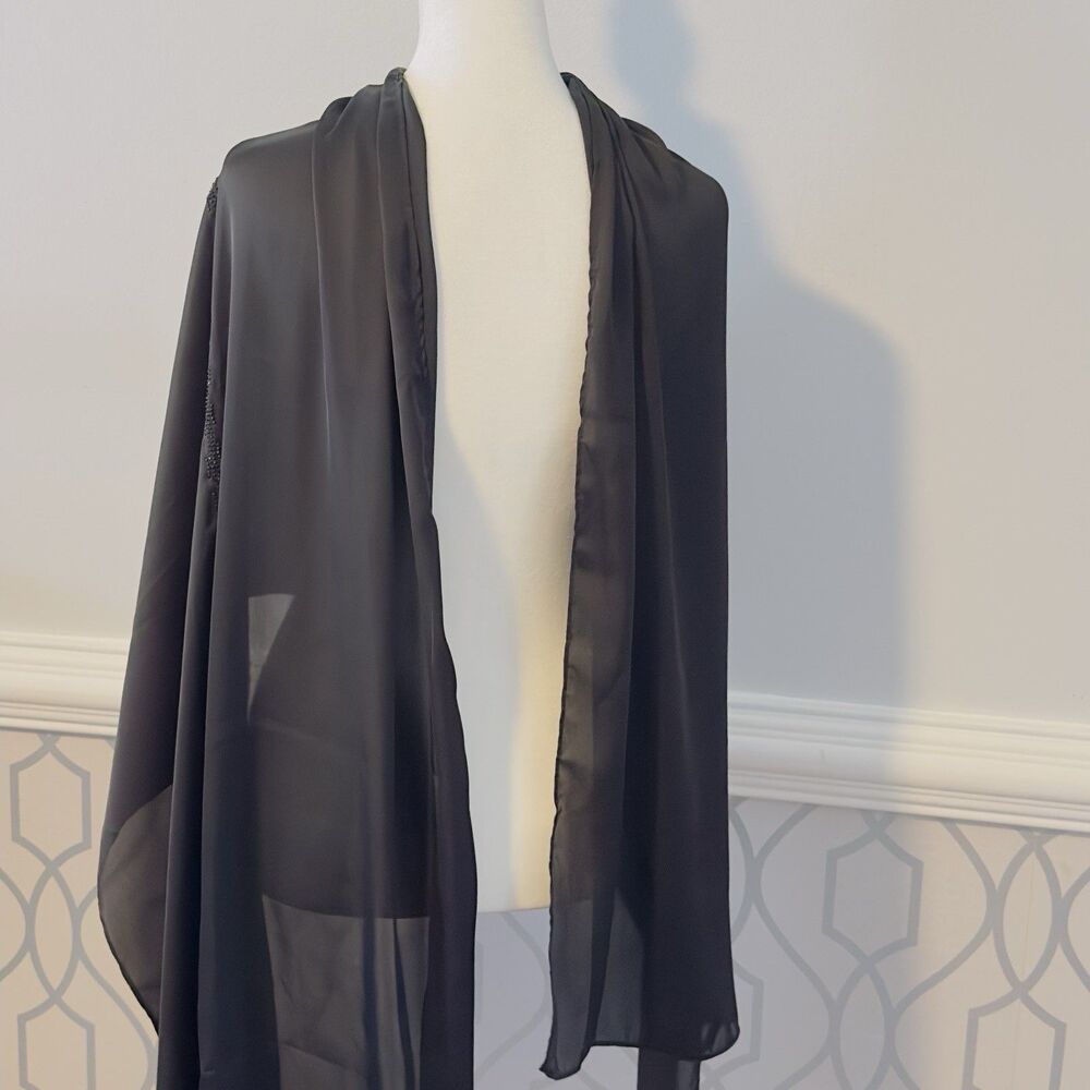 Womens Evening Scarf Shawl Black Silk Embellished Black Beaded 1 Line Trim Light